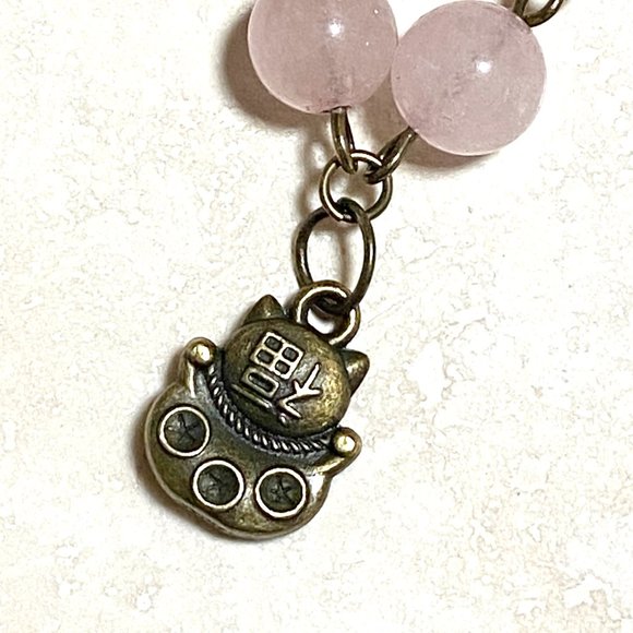 Natural Pink Rose Quartz Necklace, Bronze Fortune Cat + Genuine Gemstone Choker - Picture 7 of 14